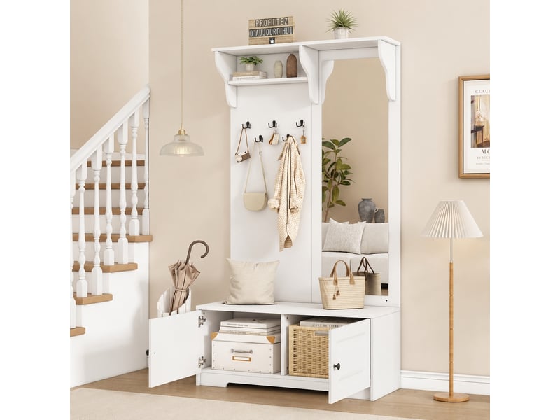 Vestiaire d’entrée blanc avec miroir, banc, 5 patères, 2 portes, 100 x 40 x 180 cm - Conforama B