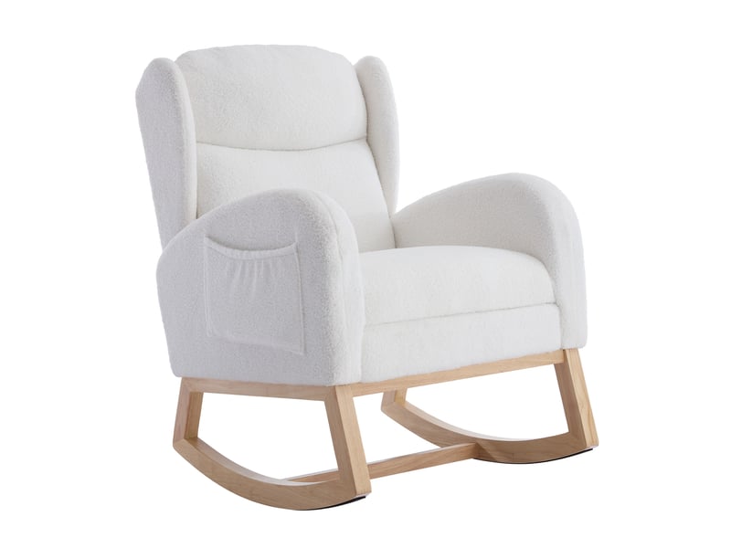 Fauteuil à bascule blanc 122,5 x 70 x 104 cm, tissu peluche, repose-pieds coulissant et poche latérale - Conforama D