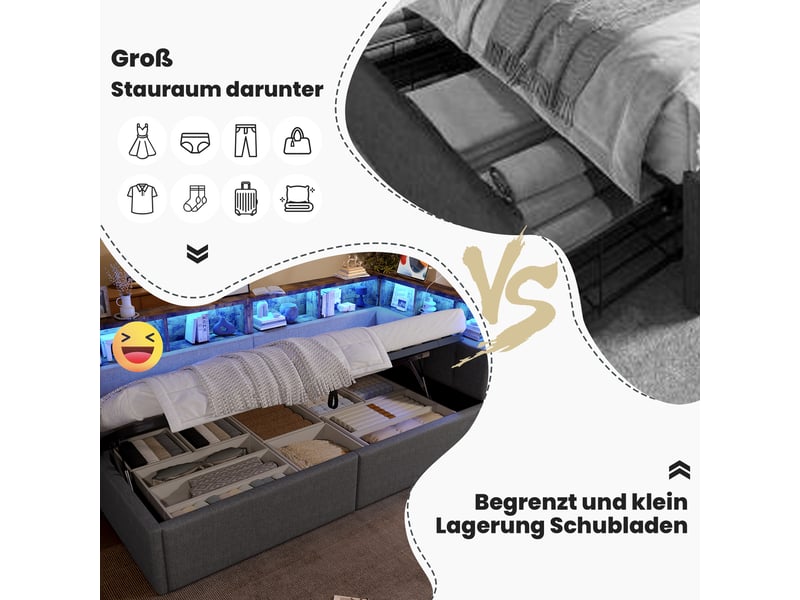  Lit de jour 90x200 cm canapé lit en lin gris avec coffre hydraulique et ports usbtype-c  - Conforama D