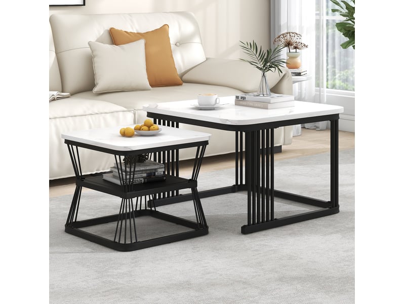 Table basse 2 pièces 65x65x45+45x45x39,5 cm mdf effet marbre(matériau non marbré), pieds acier noir mat, blanc - Conforama W