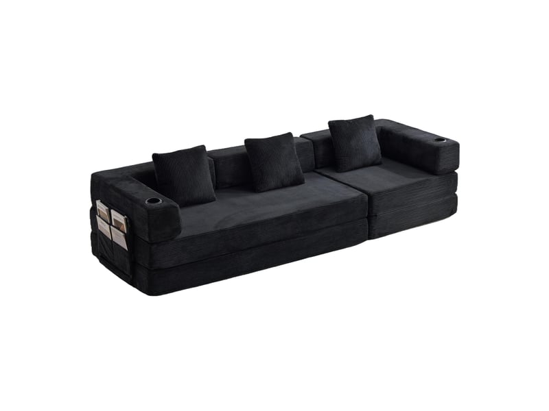 Canapé convertible, canapé-lit, en velours tricoté, noir, poches latérales, porte-gobelets, chambre, pour salon - Conforama B