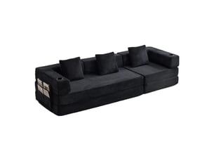 Canapé familial 5 places, avec fonction couchage, avec porte-gobelets, en velours côtelé, coloris noir, l277,5 x p92,5 x h60 cm