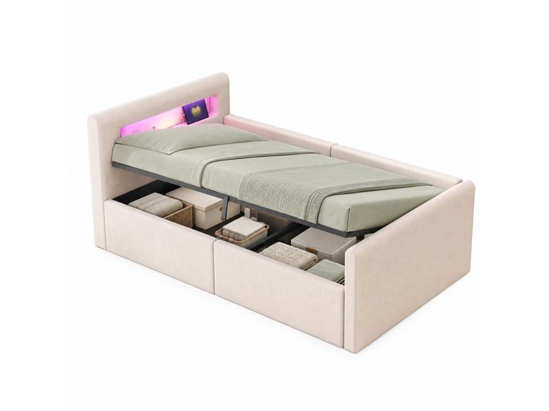  Lit coffre enfant 90x200 cm avec led et usb beige  - Conforama A