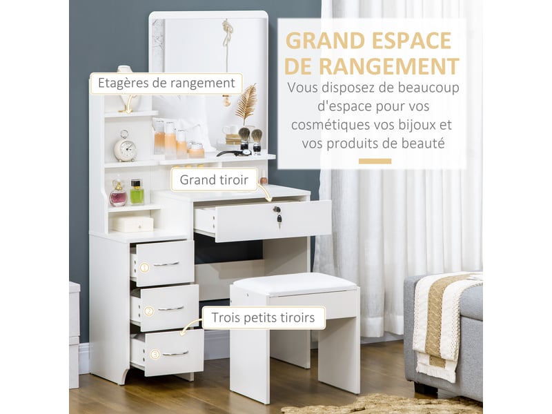  Ensemble de coiffeuse avec tabouret rembourré grand miroir + plusieurs étagères ouvertes + 4 tiroirs blanc  - Conforama E