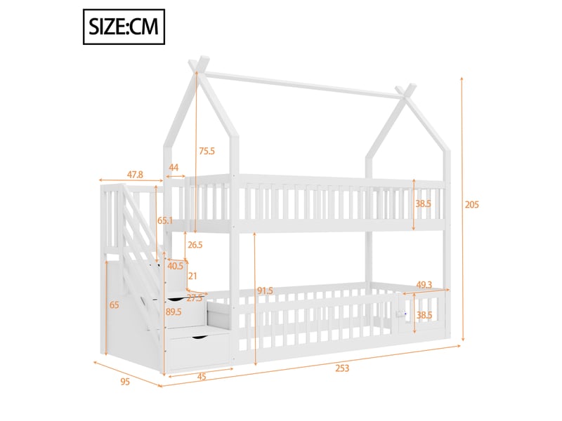  Lit superposé enfant tcqpz 90 x 200 cm avec toit, escalier de sécurité, tiroirs de rangement, barrière et petite porte, bois blanc  - Conforama C