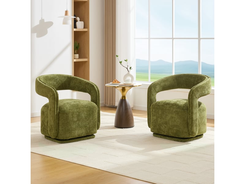 Fauteuil pivotant 360° en chenille vert style barrel chair  - Conforama D