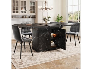 Ensemble repas 5 pièces avec table extensible 140 à 180 cm, rangement caché, plateau effet marbre noir et 4 chaises en velours