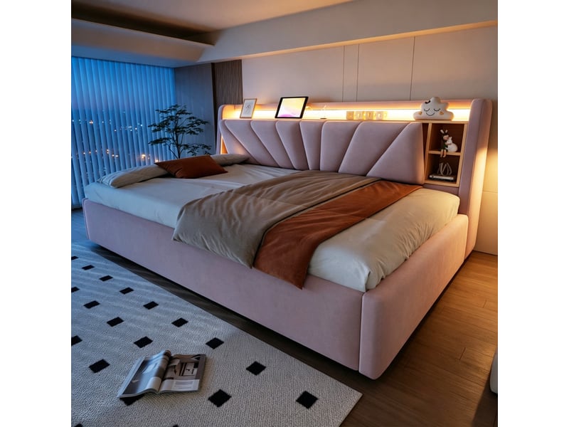  Lit coffre rembourré 90 x 200 cm – avec étagères – avec compartiments de rangement – ​​avec éclairage led et port usb – rose (matelas non inclus)  - Conforama D