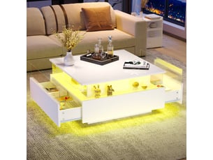 Table basse led blanche brillante 70x70 cm, 2 tiroirs avec vitrine – salon moderne