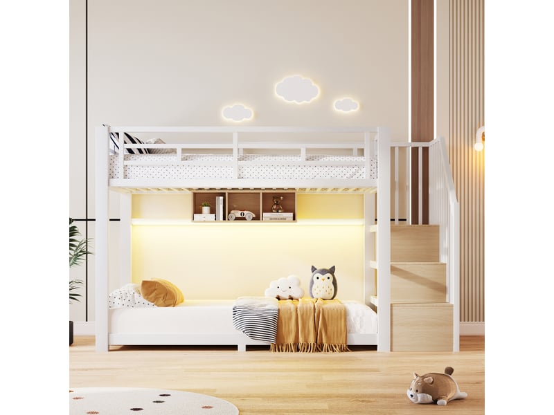 Lit superposé 90 x 200 cm, avec led, escalier avec rangement, 3 compartiments, garde-corps, sans matelas, métal, blanc OMNIGLINT TRADING LTD - Conforama C