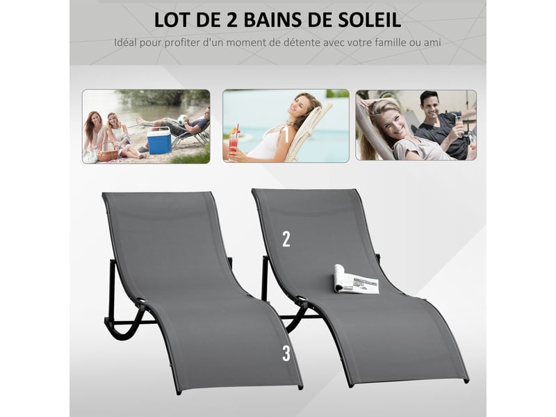  Lot de 2 bains de soleil pliables, chaise longue jardin extérieur en aluminium et textilène anthracite  - Conforama E