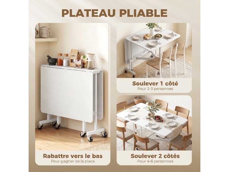  Table à manger pliante sur roulettes pour 4-6 personnes 120 cm, roues avec freins, 2 abattants, style industriel, blanc  - Conforama E