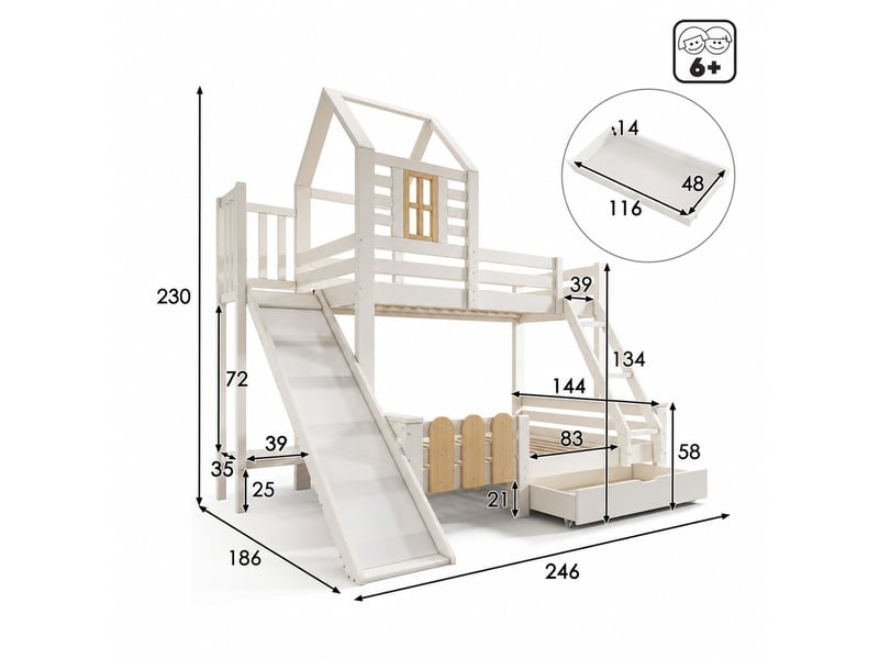 Lit superposé 90x200 et 140x200cm avec toboggan et tiroir, bois massif + mdf, blanc et naturel - Conforama C