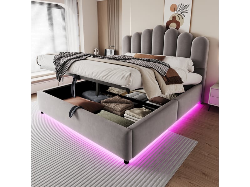  Lit capitonné 140×200 cm, relevage hydraulique, éclairage led, tête de lit confortable, velours gris  - Conforama C