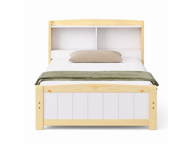 Lit simple 90x200 cm avec tête de lit de rangement, bois et mdf blanc - Conforama A