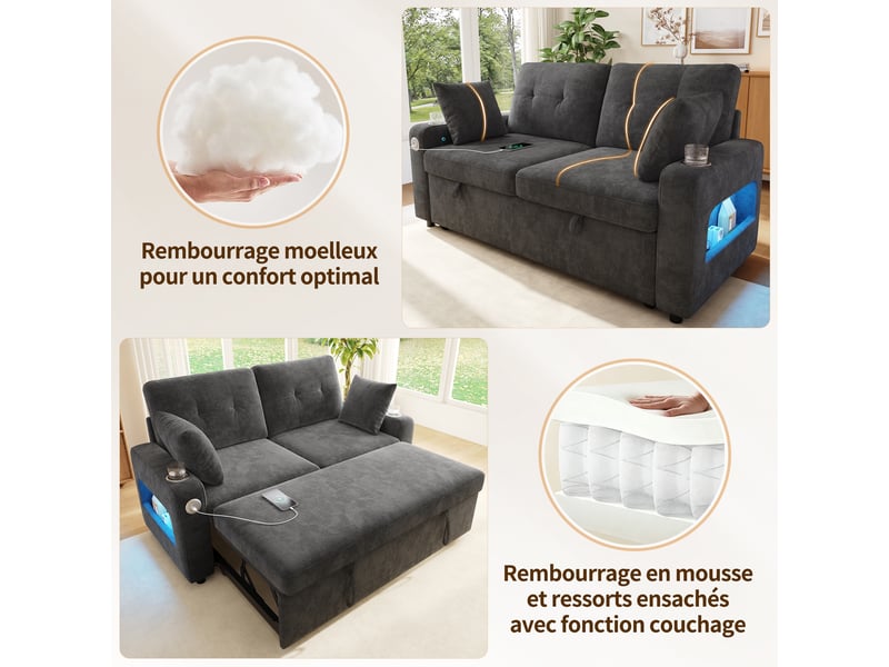  Canapé 2 places convertible avec fonction lit, led, usb et type-c, porte-gobelets, rangement, 2 coussins, chenille gris  - Conforama E