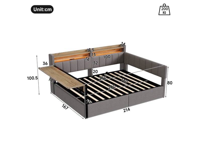  Canapé-lit coffre 140 x 200 cm - avec bande lumineuse led - avec table pliante - tables de chevet interchangeables - port usb - tissu velours - gris (matelas non inclus)  - Conforama C