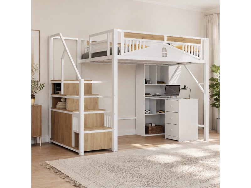 Lit mezzanine 200×140 cm avec escaliers de rangement et armoire, garde-corps à fenêtre, en métal blanc - Conforama B