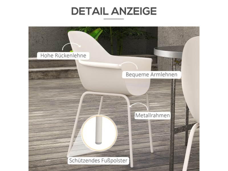 Lot de 4 chaises de jardin empilables avec dossier et accoudoirs, capacité 120 kg, gris, idéales pour balcon et terrasse  - Conforama E