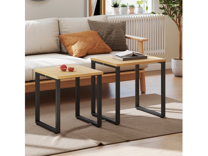  Tables basses gigognes 2 pièces avec pieds métalliques en panneau mélaminé, finition bois naturel, pour salon  - Conforama E