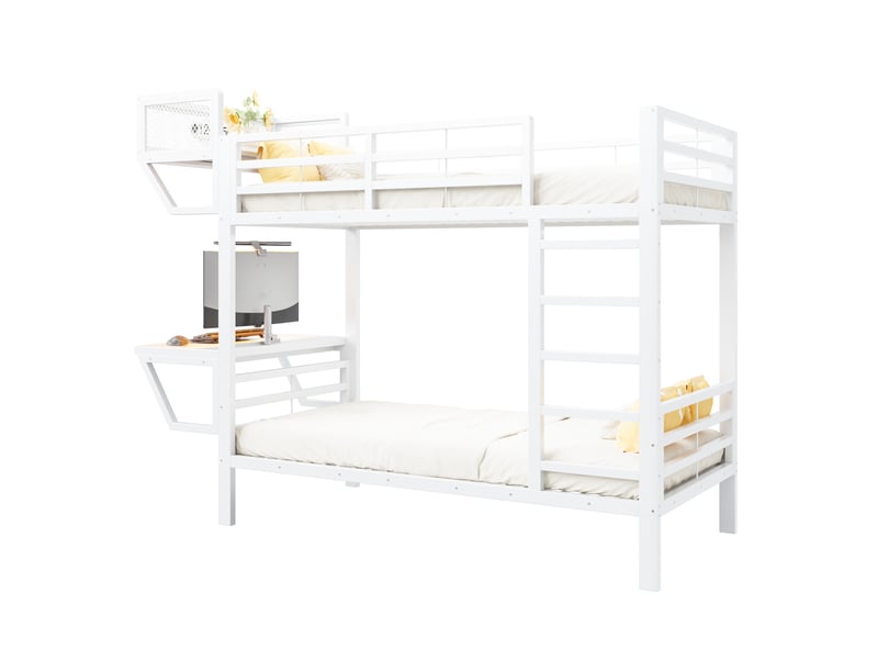 Lit superposé 90x200 cm avec bureau et étagères, structure en métal blanc - Conforama A