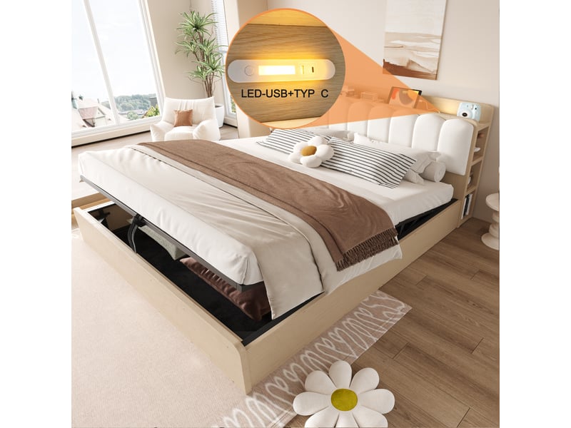 Lit coffre 180x200 cm, lit double, rangement hydraulique, étagères, port usb, tête de lit rembourrée, bois naturel, veilleuse - Conforama E