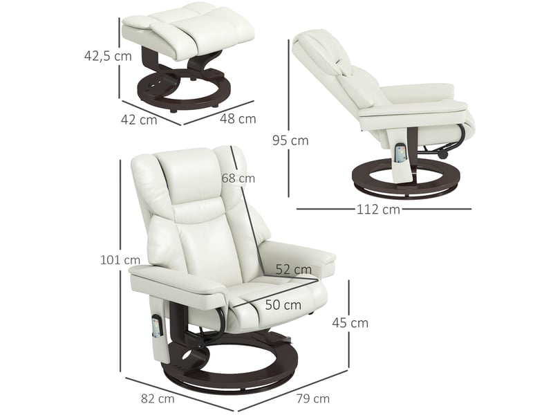  Fauteuil relax électrique pivotant avec fonction massage, dossier inclinable et repose-pieds en cuir reconstitué crème  - Conforama C