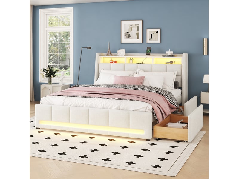  Lit 2 places 140x200 cm avec led, rangements et tiroirs coloris beige  - Conforama B