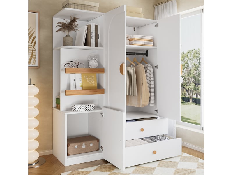  Armoire de rangement blanc et naturel en mdf avec penderie, étagères ouvertes et 2 tiroirs - 125 x 50 x 180 cm  - Conforama D