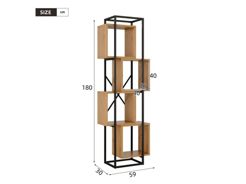 Étagère de rangement pratique 59×30×180 cm, 4 espaces empilables, plateaux mdf et armature métal noir  - Conforama C