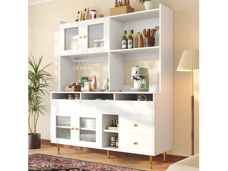  Buffet haut 145 x 39 x 171 cm en mdf, portes en verre strié, blanc et doré  - Conforama E