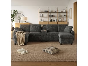 Canapé droit fixe <strong>HAVRYA</strong> <strong></strong> 4 places Velours côtelé gris avec coffre de rangement
