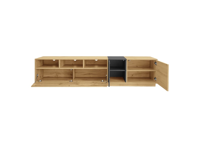  Meuble tv bas moderne bicolore, 200 cm, niches ouvertes et passe-câbles, grand rangement  - Conforama E