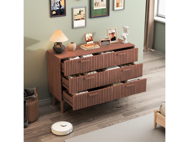 Buffet de rangement - design à lamelles verticales - 6 tiroirs - bois clair - pour salon et salle à manger - Conforama D