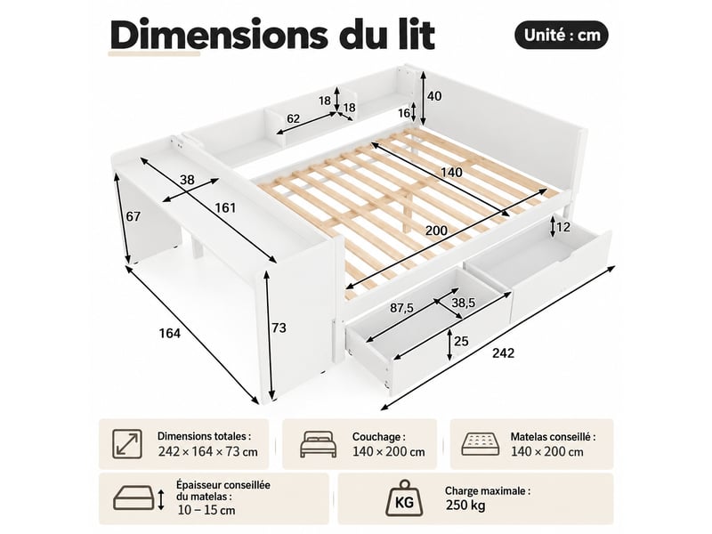  Lit combiné enfant 140 x 200 cm en bois avec bureau intégré, 2 tiroirs et 3 étagères de rangement, gain de place, blanc  - Conforama C