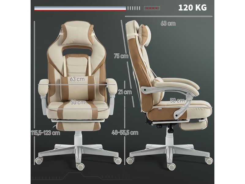  Fauteuil de jeu inclinable avec hauteur réglable, repose-pieds rétractable, soutien lombaire et appui-tête amovible - crème  - Conforama D