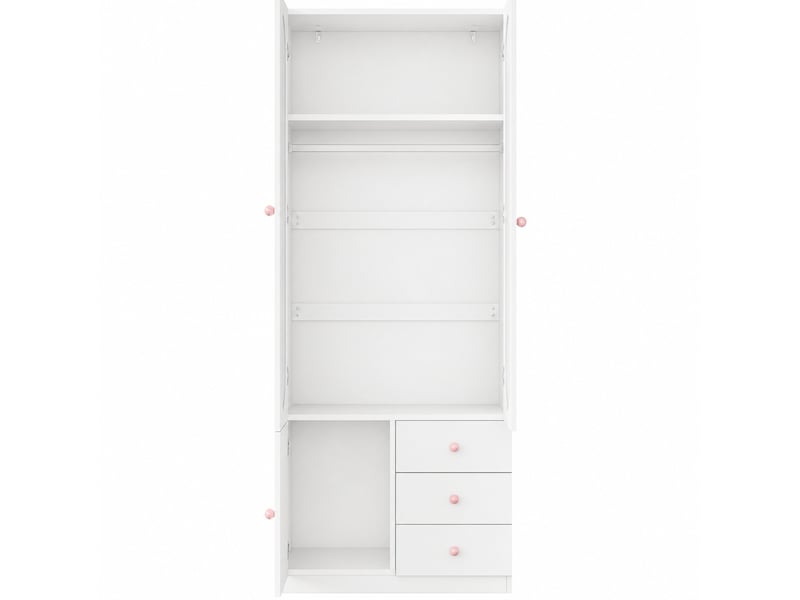  Armoire enfant 2 portes, penderie, 3 tiroirs et niche ouverte, poignées roses, mdf blanc laqué 80 × 50 × 200 cm  - Conforama A