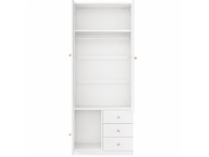 Armoire enfant 2 portes, penderie, 3 tiroirs et niche ouverte, poignées roses, mdf blanc laqué 80 × 50 × 200 cm