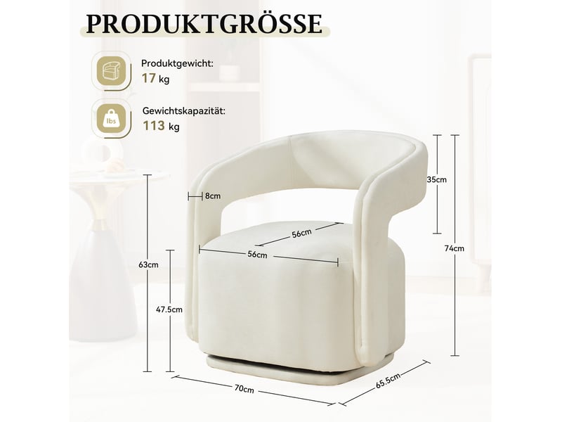 Fauteuil pivotant 70 x 65,5 x 74 cm – blanc – design barrel chair en chenille avec rotation 360° - Conforama C