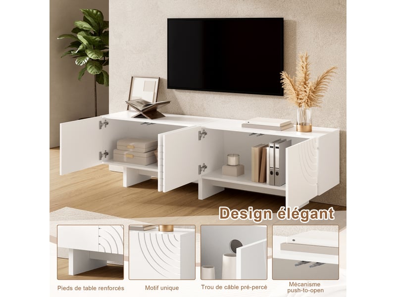  Meuble tv blanc 4 portes motif arche géométrique, façades en relief, cloison centrale, 170 x 35 x 50 cm  - Conforama D
