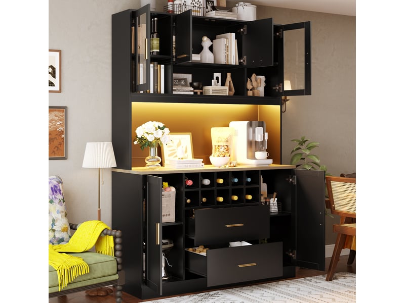  Buffet haut 120 x 36,3 x 180 cm, 6 portes, 2 tiroirs, led et prises noir  - Conforama B
