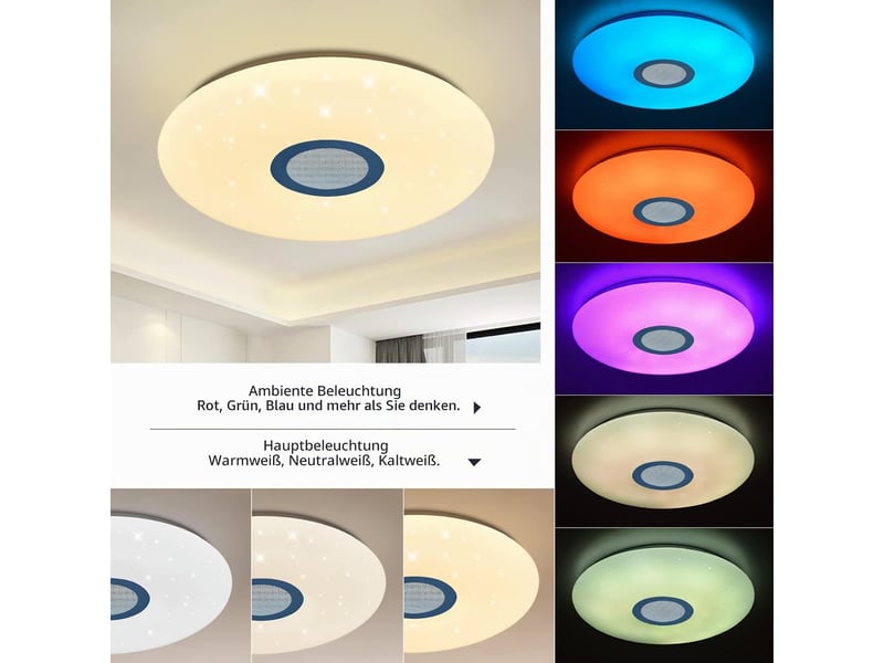  Plafonnier led 36 w à changement de couleur – effet ciel étoilé et musique | lampe de plafond avec télécommande et haut-parleur bluetooth – ø 40 cm  - Conforama D
