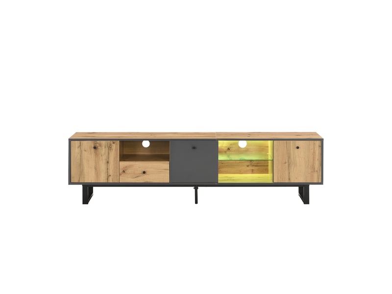  Meuble tv bas avec éclairage led, cloison en verre et charnières amorties  - Conforama A