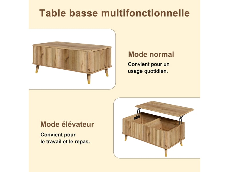  Table basse rétro moderne, plateau réglable en hauteur, structure ondulée, aspect bois, pieds en bois, grand espace de rangement, table de salon multifonctionnelle  - Conforama D