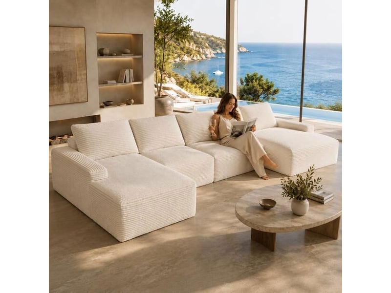  Canapé d'angle modulable 4 places avec méridienne, velours côtelé beige, design moderne pour salon élégant  - Conforama C