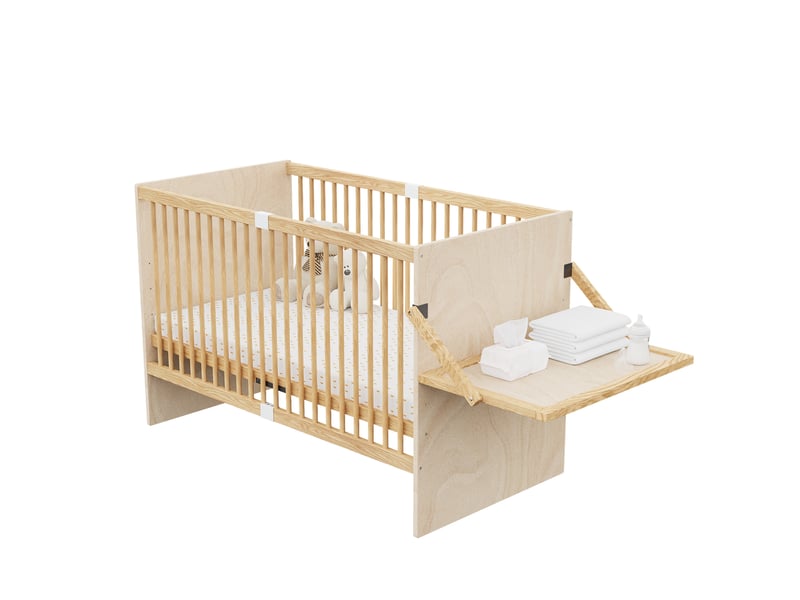  Lit bébé multifonction 70x140 cm, table à langer pliante, sommier 4 hauteurs, bois naturel, sans matelas  - Conforama A