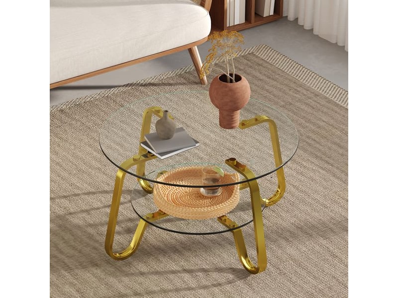  Table basse en verre trempé - cadre en métal doré - plateaux en verre incassables - double couche doré - Conforama C