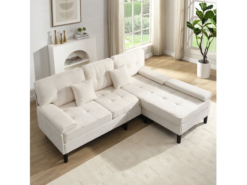  Canapé d'angle réversible 3 places avec fonction couchage et pouf mobile, en chenille beige clair, 195 × 149 × 86 cm  - Conforama D