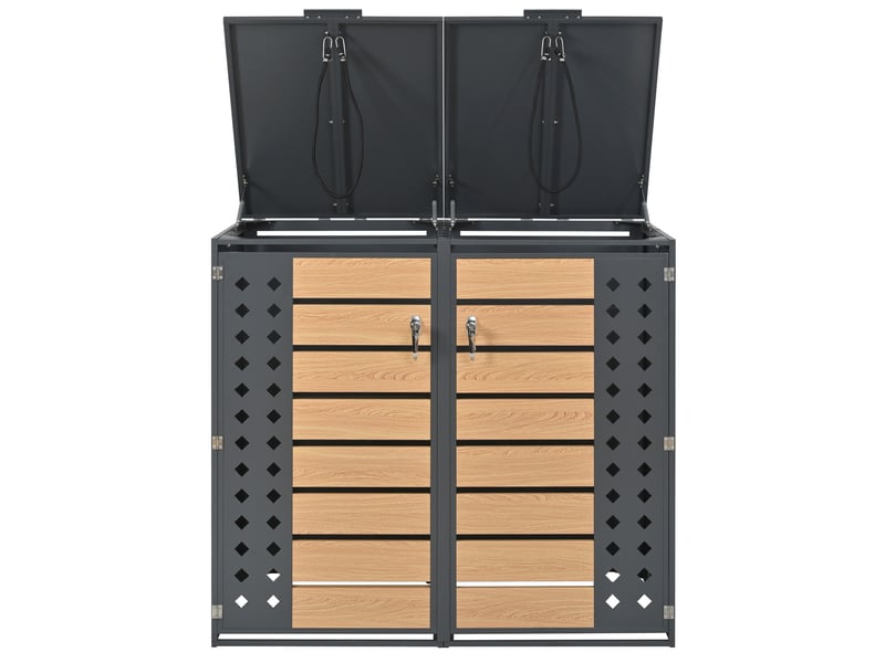  Abri pour poubelles 2 compartiments en acier galvanisé gris effet bois, couvercle hydraulique verrouillable  - Conforama D