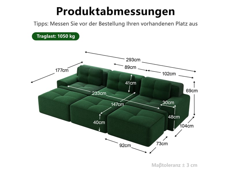 Canapé modulaire 3 places convertible avec 3 poufs - lpospi - accoudoirs larges, velours côtelé vert - Conforama D